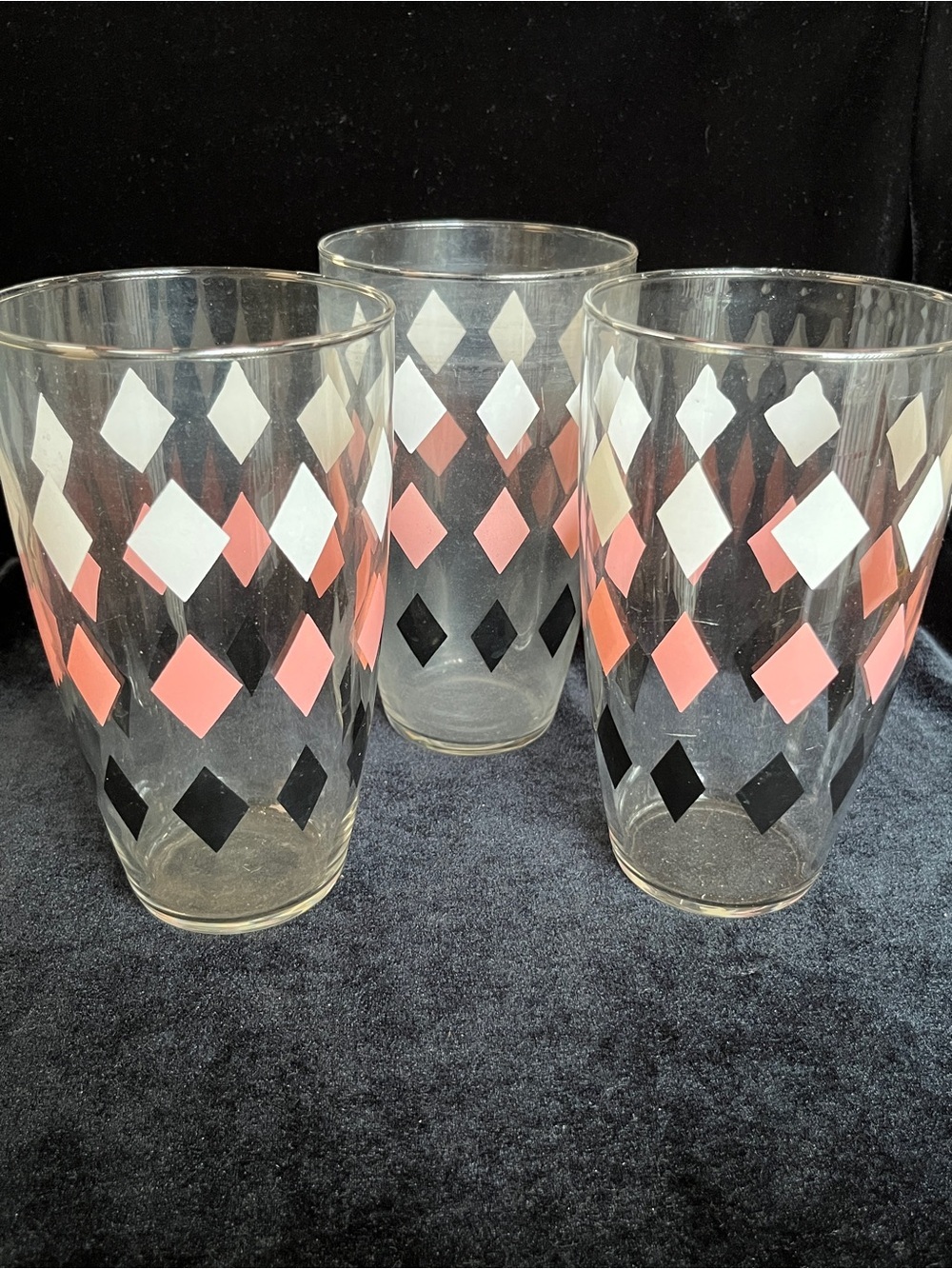 Libbey Glass Harlequin Pink Black White Diamond Pattern Atomic MCM 50s set of 3